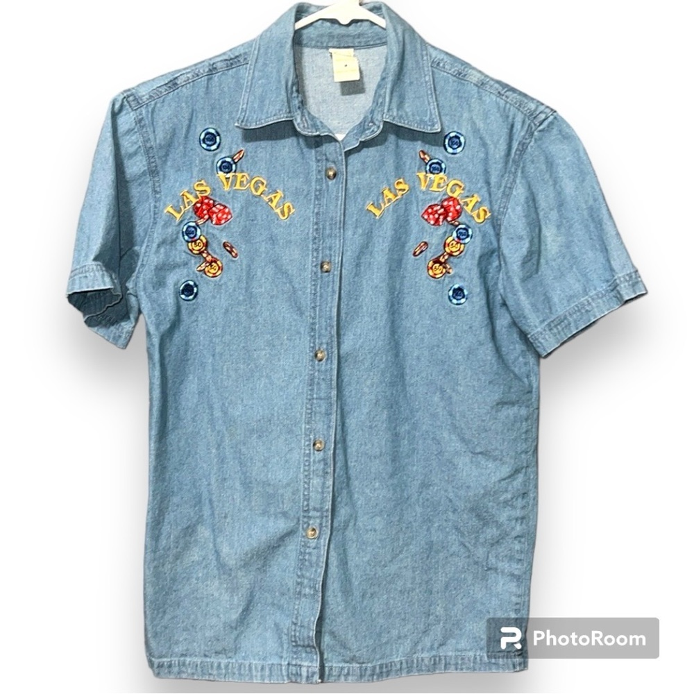Vintage Bay Beauty size medium blue denim button up gambling Las Vegas 90's pads